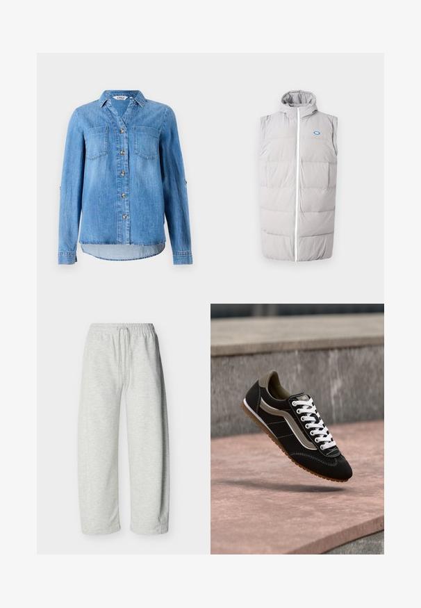Grå puffervest med lynlås foran, høj krave og ærmeløs design; har to frontlommer og et lille blåt logo.; Lys blå denimskjorte med knaplukning foran, to brystlommer og ærmer som kan rulles op med knapdetaljer.; Lysegrå joggingbukser med elastisk taljebånd og snøre, med lige ben og ensfarvet design.; Sort og beige sneaker med hvide snørebånd og gummisål, svævende over en stensurface og grå betonbaggrund.
