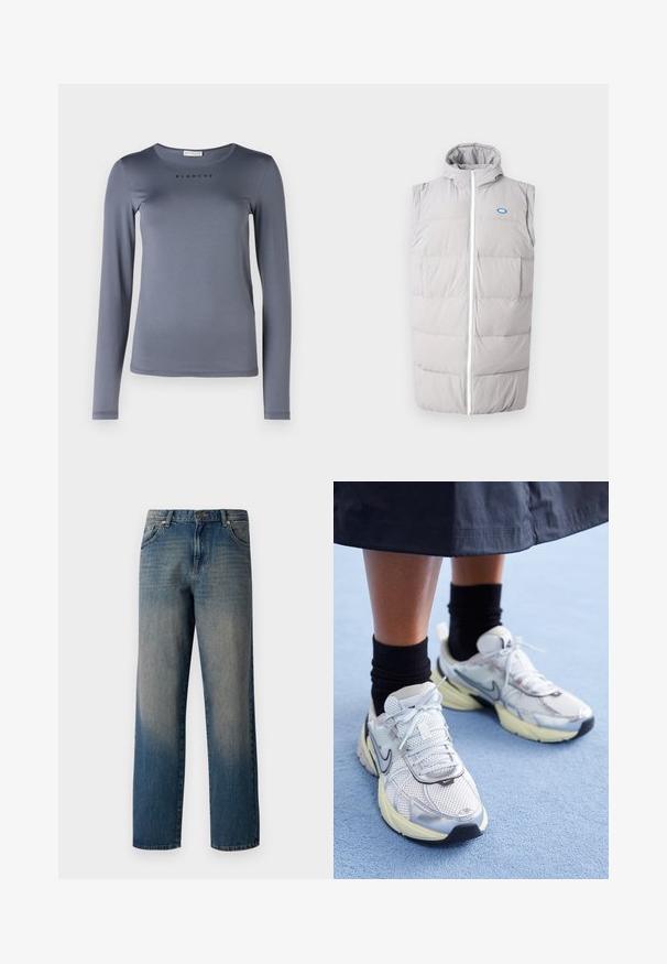 Chaleco de plumas gris con cierre frontal, cuello alto y diseño sin mangas; cuenta con dos bolsillos frontales y un pequeño logo azul.; Camisa de manga larga gris, hecha de material suave, con un escote redondo y la palabra "BLANCHE" impresa en negro en el pecho.; Vaqueros de mezclilla azul con un diseño de pierna recta, que presentan un desvanecimiento de oscuro a claro, estilo de cinco bolsillos y un cierre de botón en la cintura.; Zapatillas Nike blancas y plateadas con tejido de malla, detalles reflectantes y una suela beige. Llevadas con calcetines negros, de pie sobre una superficie azul.