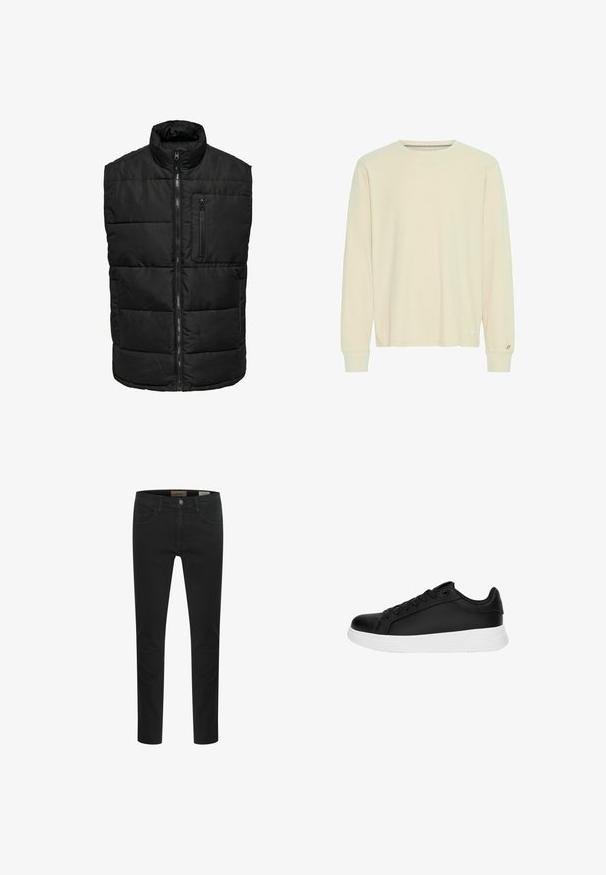Only & Sons Quilted ONSJAKE Quilted - Bodywarmer - black; Crème-kleurig langslijf t-shirt gemaakt van zachte katoen. Heeft een ribbelachtige ronde halslijn en manchetten, met een klein logo aan de zoom.; Zwarte jeans van denim, met een slim fit, vijf zakken en een knoopsluiting. Glad textuur met minimale stiksels.; Zwarte sportieve sneaker met een gladde leren structuur, witte rubberen zool, ronde neus en een vetersluiting met zes oogjes.