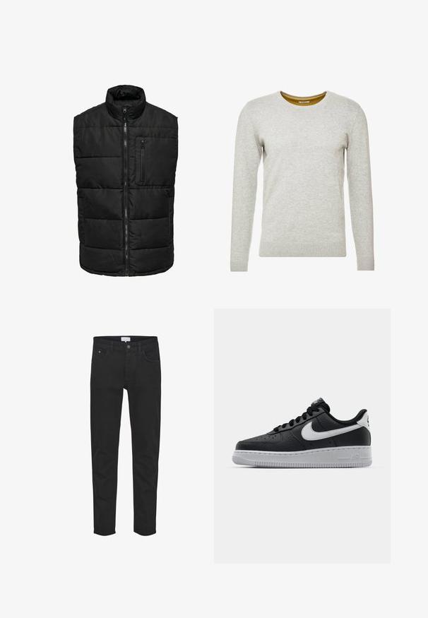 Only & Sons Quilted ONSJAKE Quilted - Bodywarmer - black; TOM TAILOR CREW NECK - Trui - light soft grey melange; Zwarte denim jeans hebben vijf zakken, een ritsluiting, een slim fit en subtiele stikdetails. De stof heeft een gladde textuur.; Zwarte lederen sneaker met een textuur oppervlak, witte Nike swoosh, grijze zool, ronde neus en vetersluiting. Bevat perforaties op de neus.