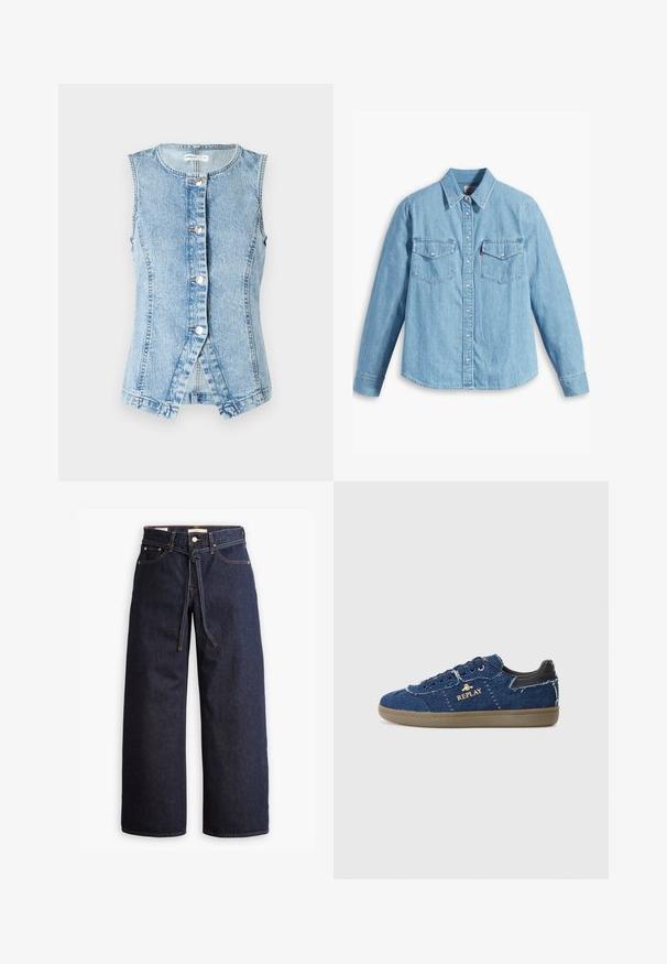 Gilet en denim bleu clair sans manches, à fermeture boutons sur le devant, avec une coupe ajustée. Présente des coutures à double surpiqûre et un ourlet arrondi.; Chemise en denim bleu clair à manches longues, col pointu, deux poches poitrine, patte de boutonnage et texture subtile. Pas de motifs visibles.; Jeans en denim bleu foncé à jambes larges, avec une taille haute, dotés d'un lien à cordon, de cinq poches et de détails de couture contrastants.; Replay PYPER - Baskets basses - blue