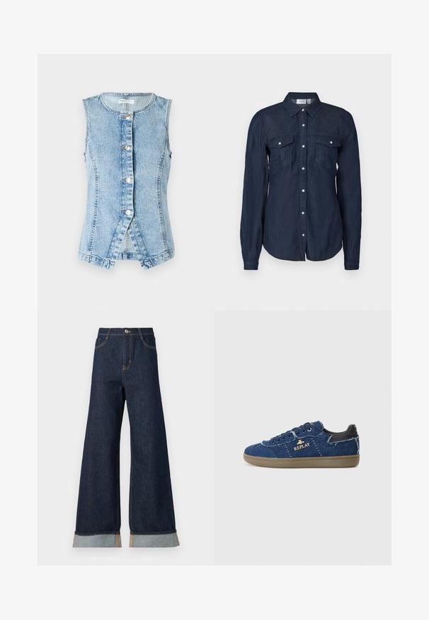 Gilet en denim bleu clair sans manches, à fermeture boutons sur le devant, avec une coupe ajustée. Présente des coutures à double surpiqûre et un ourlet arrondi.; Chemise boutonnée bleu marine en tissu léger, dotée de deux poches avant, de manches longues et d'un col classique avec un ourlet arrondi.; Jean en denim foncé à jambes larges avec des coutures orange, présentant une taille haute, deux poches avant et des ourlets retroussés mettant en valeur un tissu contrastant bleu clair.; Replay PYPER - Baskets basses - blue