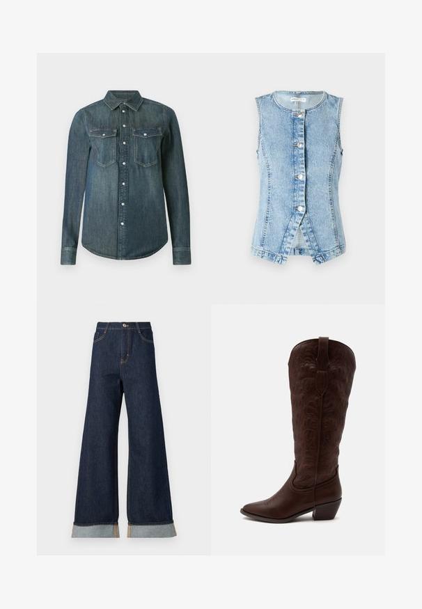 Lichtblauwe denim vest zonder mouwen, met knoopsluiting aan de voorkant en een getailleerd ontwerp. Heeft dubbel gestikte naden en een afgeronde zoom.; Donkerblauwe denim blouse met lange mouwen, knoopsluiting aan de voorkant en twee borstzakken met kleppen en knopen.; Brede broekspijpen in donkerdenim met oranje stiksel, met een hoge taille, twee voorzakken en omgeslagen manchetten die een lichtblauwe contraststof laten zien.; Hoge bruine leren cowboylaars met gedetailleerde stiksels, een puntige neus en een blokhak op een effen lichte achtergrond.