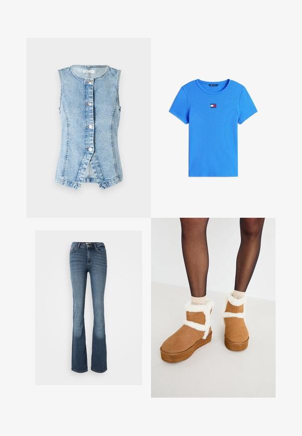 Lichtblauwe denim vest zonder mouwen, met knoopsluiting aan de voorkant en een getailleerd ontwerp. Heeft dubbel gestikte naden en een afgeronde zoom.; Felblauw kort mouw ribgebreid T-shirt met een ronde hals en een klein "Tommy Jeans" logo-patch centraal op de borst.; Bootcut jeans van blauwe denim. Heeft een middelhoge taille, vijf zakken, subtiele stiksels en een licht vervaagd uiterlijk op de benen.; Bruine suède enkellaarsjes met witte nep-bontafwerking en plateauzool, met een ontwerp met kruisbanden. Soepele textuur en afgeronde neus.