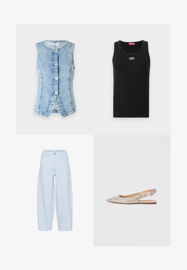 Helepetta helesinise denim vest ilma varrukateta, nööpidega esikülg ja keha mugav disain. Omab kahekordset õmblust ja ümmargust alaosa.; Must puuvillane tank top, millel on ümmargune kaelus, varrukateta disain ja väike valge logo rinnapiirkonnas.; Heledad helesinine laiem tee džinsid, mis on valmistatud denimist ning omavad klassikalist viie tasku disaini, nööbikinnitust ja korralikke üleõmblusi.; Beezid slingback tasakesed terava varbaga, millel on tekstuuriga pealis, millel on väiksed rhinestones ja kaunistus kontsal.