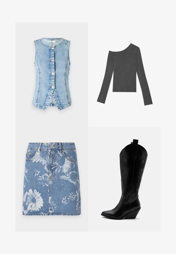 Helepetta helesinise denim vest ilma varrukateta, nööpidega esikülg ja keha mugav disain. Omab kahekordset õmblust ja ümmargust alaosa.; Hallide, pika varrukaga topp, millel on avatud õlavarre disain. Valmistatud pehmest kangast, millel on sile tekstuur ja sirge lõikega äär.; Heledane denimsindiga helesinisest pesust, millel on valged lillemustrid, viie taskuga disain, eest nupuga sulgemine ja kulunud alläär.; Mustast nahast kauboi saabas terava varbaosaga, kaldus kand, dekoratiivse õmblusega ning nööpidega üleval valge tausta peal.