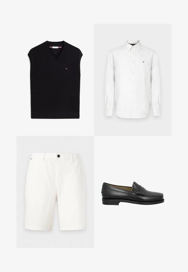 Chaleco de punto negro sin mangas con escote en V y pequeño logo rojo, blanco y azul en el lado izquierdo del pecho.; Camisa blanca de manga larga con botones, cuello abotonado y pequeño logo bordado en el pecho izquierdo.; Pantalones cortos blancos hasta la rodilla con trabillas para cinturón, cierre frontal con botones y bolsillos laterales sobre un fondo liso.; Mocasines de cuero negro con punta redondeada, costuras decorativas y una suela baja y plana. Textura suave, diseño minimalista sin adornos.