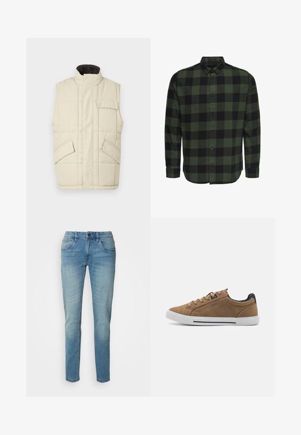 Lys beige ærmeløs puffer vest med høj krave, lynlås foran, to sidelommer og en lille lomme på brystet. Tekstureret quiltet stof.; Grøn og sort ternet langærmet skjorte med knaplukning, klassisk krave og knapmanchetter, vist på en hvid baggrund.; Lysblå denim jeans, lige ben, fem-lomme design, med knaplukning og subtil falming for tekstur og detaljer.; Brune ruskinds sneakers med beige snørebånd, hvid gummisål og en mørkeblå hælaccent. Har syede detaljer og et afslappet design.