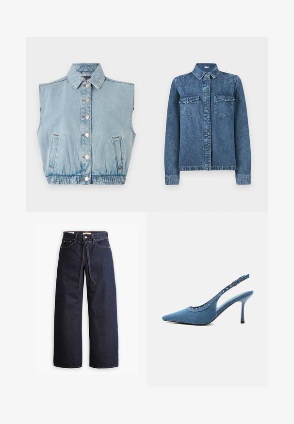 Lyseblå denim ærmeløs jakke med knaplukning foran, krave og elastisk kant. Har to sidelommer og sølvknapdetaljer.; Denimjakke med lange ærmer, knaplukning foran, foldet krave og to brystlommer med klap og knapper.; Bredde ben mørkeblå denim jeans med høj talje, der har snoretræk, fem lommer og kontrastsyet detaljer.; Blå denim spids tå slingback sko med høj hæl, sølv øjendesign og justerbar spænde.