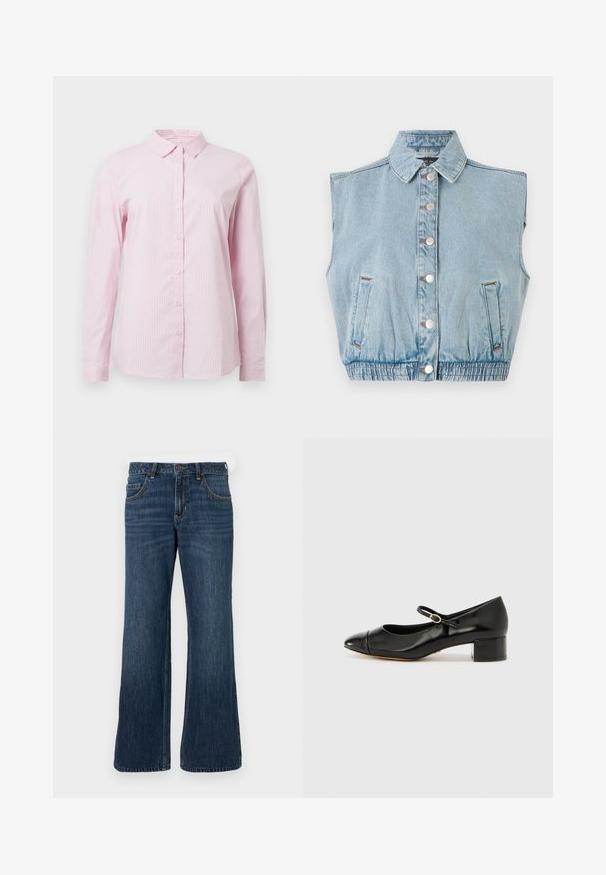 Lyseblå denim ærmeløs jakke med knaplukning foran, krave og elastisk kant. Har to sidelommer og sølvknapdetaljer.; Lyserød stribet skjorte med krave, lange ærmer og knaplukning foran. Fremstillet af letvægtsstof med en glat tekstur.; Mørkeblå jeans med vide ben og klassisk design med fem lommer, der har knaplukning og diskret falming. Fremstillet af denimstof.; ALDO DECIMA - Pumps - black