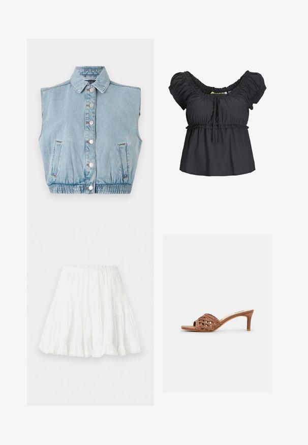 Veste sans manches en denim bleu clair avec un devant à boutons, un col et un ourlet élastique. Dotée de deux poches latérales et de détails en boutons argentés.; Blouse noire à manches courtes avec un col froncé et une taille élastique. Tissu doux avec une coupe décontractée, présentant un détail de nœud à l'avant.; Jupe blanche à volants avec taille élastique et ourlet volanté, fabriquée en tissu léger.; Mule sandale à bout ouvert marron avec tige en cuir tressé et talon effilé de hauteur moyenne sur fond blanc.