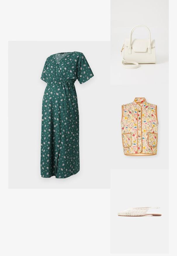 Ærmeløs quiltet vest med høj krave, forreste knapper, to store lommer, beige baggrund og farverigt blomsterprint med brun kant.; Grøn blomsterkjole med V-udskæring, korte ærmer og elastisk talje. Har en lang, svævende silhuet med små blomstermønstre.; Flad hvid fletlædersko med slingback, spids tå og lav brun sål på neutral baggrund.; Lille hvid håndtaske med dobbelte håndtag, frontklap og aftagelig skulderrem med guldlås på hvid baggrund.