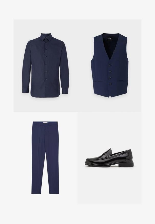 Gilet bleu marine ajusté avec un col en V, cinq boutons noirs et poches latérales. Fabriqué en tissu texturé, conçu pour une silhouette ajustée.; Chemise de couleur bleu marine, boutonnée, en tissu lisse, avec un col classique, des manches longues et sept boutons noirs le long du devant.; Pantalons de costume navy en tissu lisse, dotés d'un devant plat, de deux poches latérales, d'une fermeture éclair et d'un ourlet net sans motifs ni accents.; Mocassins en cuir noir avec un embout arrondi, présentant un détail cousu sur le dessus, et un petit talon carré. Texture lisse et finition brillante.