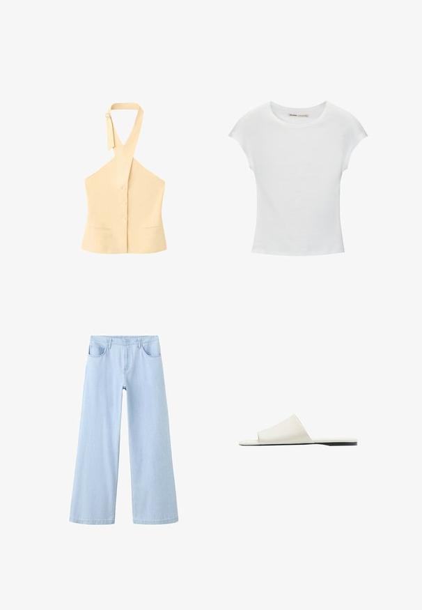 Haut beige sans manches à col halter avec trois boutons sur le devant, deux petites poches avant et bretelles réglables avec fermeture par boucle.; T-shirt en coton blanc avec manches courtes retroussées, encolure ronde et ourlet droit. Texture lisse sans motifs ni accents visibles.; Jean bleu clair à jambes larges avec poches avant et passants de ceinture, présenté sur un fond blanc.; Sandale blanche à enfiler avec une large bride unique et une semelle plate, vue de côté sur fond blanc.
