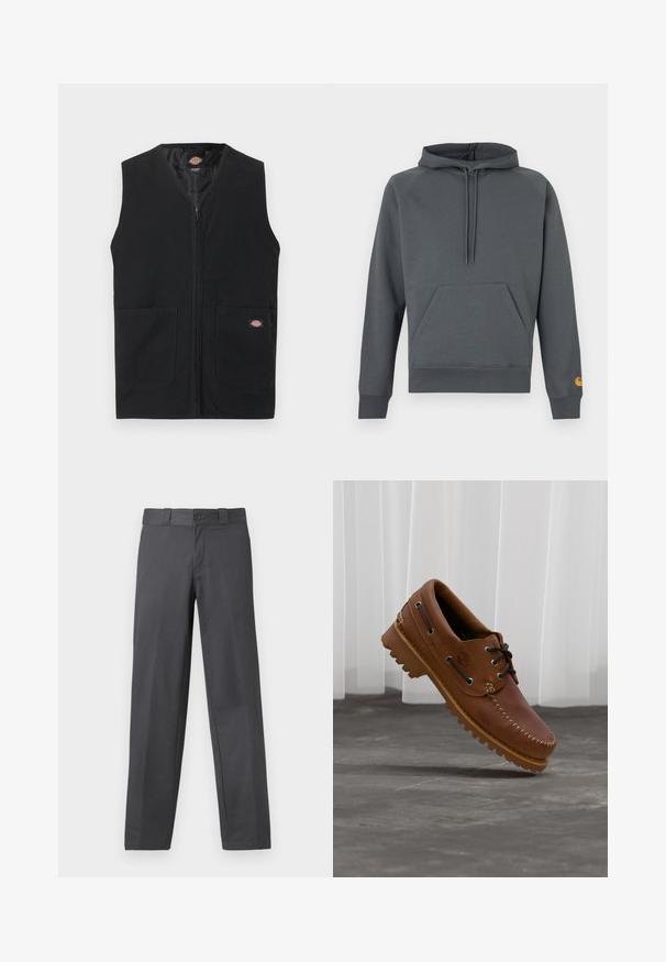 Veste noire sans manches avec fermeture éclair à l'avant et deux grandes poches avant, ornée d'un petit logo Dickies sur la poche droite.; Sweat à capuche gris foncé avec poche kangourou avant et cordons, poignets et ourlet côtelés, petit logo orange sur le poignet de la manche gauche.; Pantalon gris en tissu lisse, avec une coupe droite, une fermeture à bouton et des passants de ceinture ; coutures minimales et sans motifs.; Chaussure de bateau en cuir marron avec des lacets noirs, des coutures beiges et une semelle robuste, suspendue au-dessus d'un sol en béton gris.
