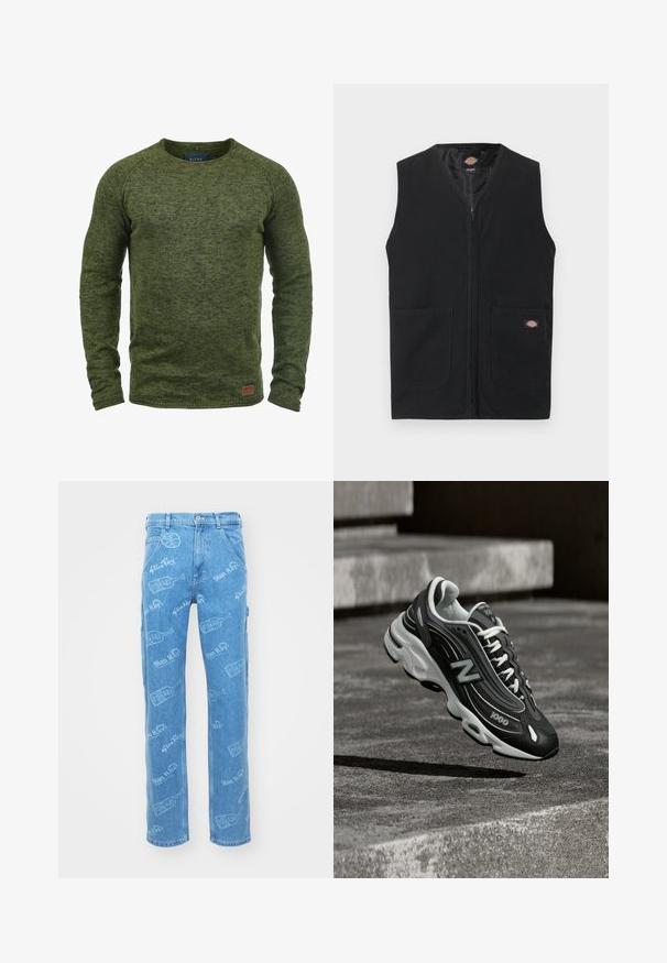 Sort ærmeløs vest med lynlås foran og to store forlommer, med en lille Dickies-logo på højre lomme.; Grøn sweater lavet af struktureret strikstof, med rund hals, lange ærmer og et lille brunt logo-patch på den nederste front.; Lyseblå denim jeans med et heltrykt mønster med teksten "Stan Ray" og flasketyper. Lige ben-design, fem lommer og knaplukning.; Sort-hvid New Balance 1000 sneaker med hvide snørebånd, svævende over en ru betonoverflade med stentrapper i baggrunden.