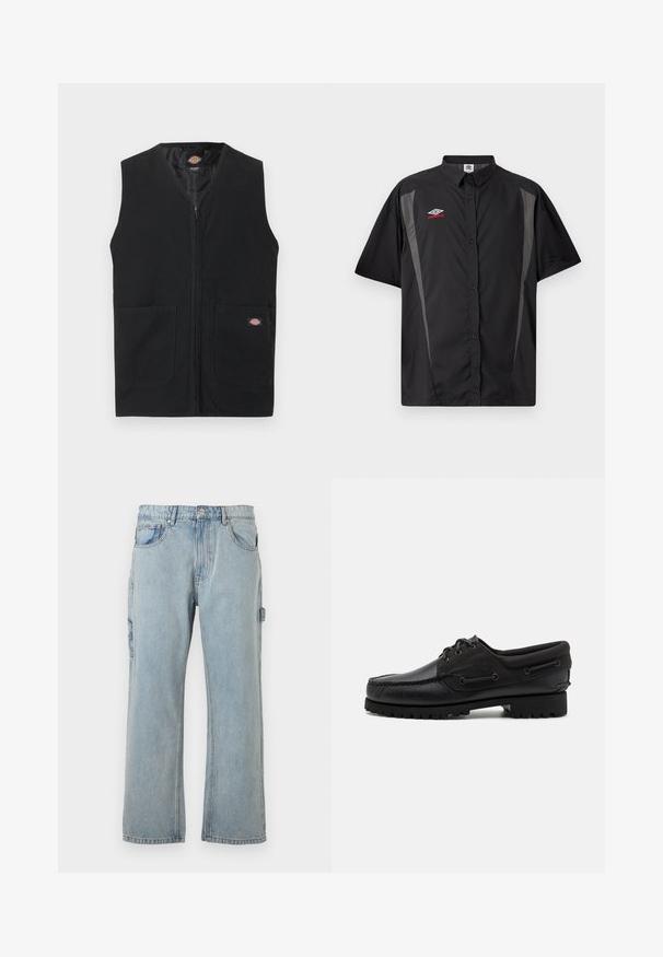 Čierna vesta bez rukávov s predným zipsom a dvoma veľkými prednými vreckami, na pravom vrecku malá značka Dickies.; Čierna krátkym rukávom košeľa na gombíky so sivými bočnými panelmi a červeno-bielym logom Umbro na ľavej strane hrude.; Svetlomodré denimové cargo nohavice s voľným strihom, ktoré majú bočné vrecká, rovný strih a viditeľné švy.; Čierna obuv s koženým zvrškom, textilnými akcentmi, okrúhlymi šnúrkami a textúrovanou gumovou podrážkou. Obsahuje mokasínové šitie a detaily s brandingom.