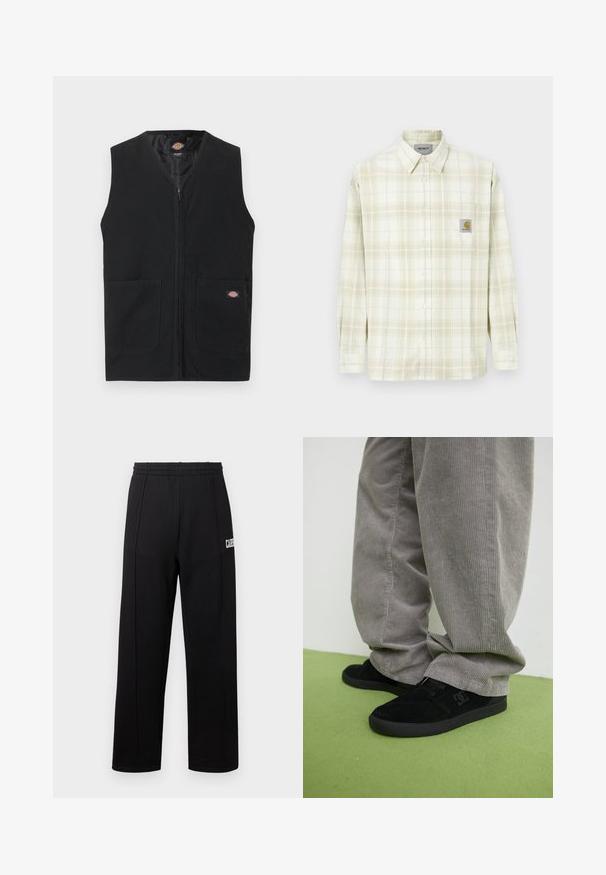 Mustanvärinen hihaton liivi, jossa on edessä vetoketju ja kaksi suurta etutaskua. Oikeassa taskussa pieni Dickies-logo.; Vaaleanruudullinen paita, jossa on pitkät hihat, nappikiinnitys edessä ja rintatasku, jossa on logopatch. Puuvillamateriaali, jolla on pehmeä rakenne.; Musta collegehousut, joissa on joustava vyötärönauha, suora lahjemalli ja valkoinen tekstidetalji vasemman alalaidan kohdalla. Valmistettu pehmeästä kankaasta.; Mustat mokkaurheilukengät, joissa on tekstuuri ja logo, yhdistettynä harmaisiin corduroyhousuihin, joissa on ribbipinta. Vihreä lattiansuoja.