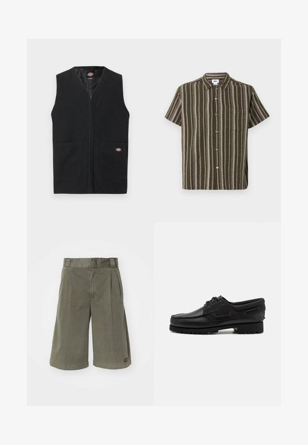 Čierna vesta bez rukávov s predným zipsom a dvoma veľkými prednými vreckami, na pravom vrecku malá značka Dickies.; Olívovo zelená košeľa s krátkym rukávom, zapínaná na gombíky, s vertikálnymi béžovo-bielymi pruhmi a náprsní vreckom.; Olivovo zelené šortky vyrobené z bavlneného zmesi. Obsahujú skladanie a rovný strih, s malou značkovou etiketou na boku.; Čierna obuv s koženým zvrškom, textilnými akcentmi, okrúhlymi šnúrkami a textúrovanou gumovou podrážkou. Obsahuje mokasínové šitie a detaily s brandingom.