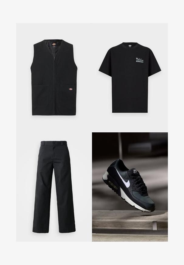 Schwarze ärmellose Weste mit durchgehendem Frontreißverschluss und zwei großen vorderen Taschen, mit kleinem Dickies-Logo auf der rechten Tasche.; Schwarzes kurzärmliges T-Shirt aus Baumwolle mit einem grafischen "Dickies"-Logo in heller Kontrastfarbe auf der Vorderseite. Standard-Rundhalsausschnitt.; Schwarze weit geschnittene Baumwollhose. Verfügt über einen Knopfverschluss, Gürtelschlaufen und Seitentaschen. Glatte Textur mit tailliertem Schnitt.; Schwarzer und grauer Nike Air Max Sneaker mit weißem Swoosh, schwebend über einer Betonfläche vor einem verschwommenen dunklen Hintergrund.