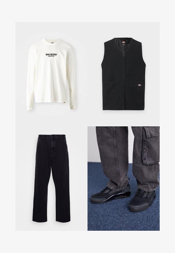 Čierna vesta bez rukávov s predným zipsom a dvoma veľkými prednými vreckami, na pravom vrecku malá značka Dickies.; Biely dlhý rukáv rebrovaný sveter s čiernym logom "DICKIES" a nápisom "SINCE '22" pod ním, okrúhly výstrih a manžetové rukávy.; Čierne džínsy s rovného strihu, ktoré majú zapínanie na gombík a zips, pútka na opasok a minimálne švy.; Čierne športové topánky s textúrovaným povrchom, hladkými akcentmi a masívnou podrážkou, skombinované so šedými, voľnými cargo nohavicami.