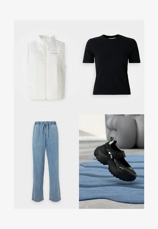 Witte Columbia gewatteerde mouwloze vest met een ritssluiting aan de voorkant en een staande kraag, quaadraster patroon en logo op de linkerkant van de borst.; Zwarte ribbel korte mouwen t-shirt met een ronde halslijn; heeft een subtiele logo op de borst; gemaakt van een zachte, gestructureerde stof.; Lichtblauwe denim broek met een elastische tailleband, trekkoord en opgerolde manchetten. Recht gesneden ontwerp met een casual pasvorm.; Zwarte chunky sneaker met dikke zool en klittenbandsluiting op blauw gestructureerd tapijt, wazige achtergrond van een zittend persoon.