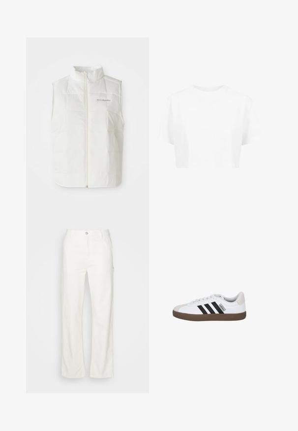 Witte Columbia gewatteerde mouwloze vest met een ritssluiting aan de voorkant en een staande kraag, quaadraster patroon en logo op de linkerkant van de borst.; Witte cropped t-shirt, korte mouwen, ronde halslijn, gemaakt van gladde stof, zonder zichtbare patronen of opvallende hardware.; Witte katoenen broek met rechte pijpen, een sluiting aan de voorkant met knoop, riemlussen en zijzakken. Glad textuur zonder zichtbare patronen.; Witte sportieve schoen met drie zwarte strepen, een tan rubberen buitenzool en een lichtgrijze neus. Zachte textielvoering en een gemerkte zijlabel.