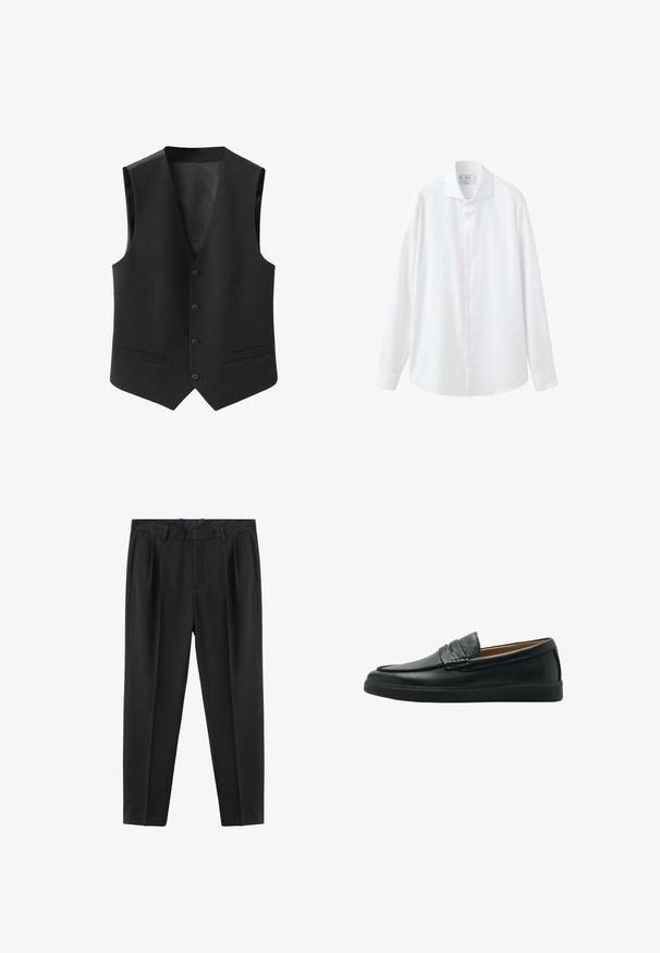 Gilet noir formel pour homme avec quatre boutons et deux poches avant, présenté sur un fond blanc uni.; Chemise blanche à manches longues avec boutons, col pointu et poignets, affichée sur fond blanc.; Pantalon noir sur mesure avec passants pour ceinture, plis à l'avant, poches latérales et coupe slim effilée.; Mocassin en cuir noir sans lacets avec une surface texturée, une semelle plate basse et une lanière décorative sur le dessus.