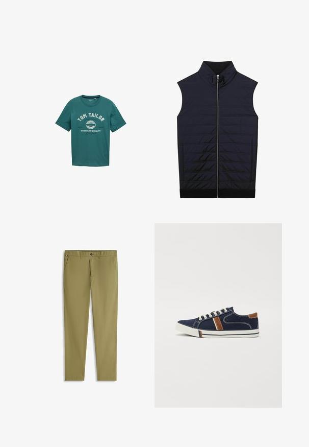 Marineblaues ärmelloses Vest mit hohem Kragen, Frontreißverschluss, gesteppter Textur und schwarzem geripptem Saum. Mit horizontalen Nähdetails.; Türkisfarbiges T-Shirt mit kurzen Ärmeln aus Baumwolle, mit Rundhalsausschnitt und weißem Drucktext "TOM TAILOR" sowie Designdetails auf der Vorderseite.; Schmal geschnittene Khakihosen für Herren mit Seitentaschen, Gürtelschlaufen, Knopfverschluss und kleinem dreifarbigen Flaggen-Detail am Bund.; Marineblaue Leinensneaker mit weißer Schnürung, braunen Akzenten und seitlichen Streifen. Verfügt über eine Gummisohle und kontrastierende Nähte.