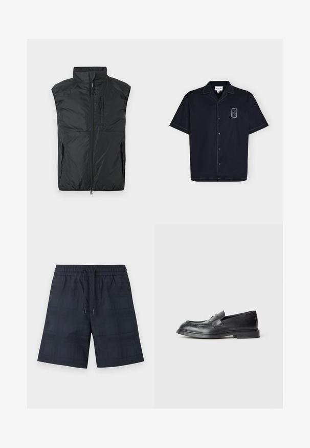 Veste matelassée noire sans manches avec col montant, fermeture éclair à l'avant, et poches zippées sur la poitrine et les côtés, sur un fond uni.; Chemise noire à manches courtes avec boutons, surpiqûres blanches et petite écusson rectangulaire sur le côté gauche de la poitrine.; Shorts homme bleu marine avec taille élastique et cordon, avec un motif à carreaux discret.; Mocassins en cuir noir avec une finition texturée, dotés d'une bride décorative à l'avant et d'un bout arrondi. Semelle en caoutchouc pour plus de durabilité.