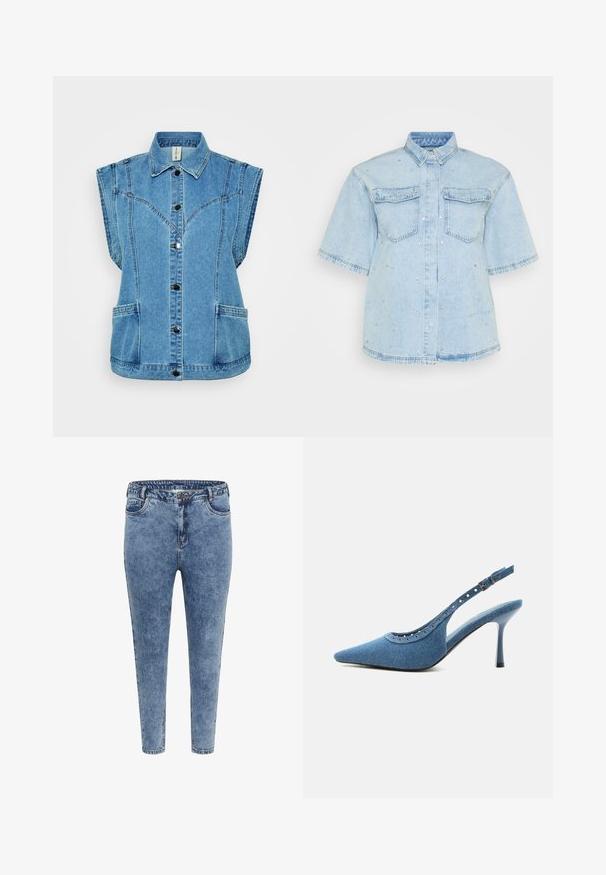Hellblaues Jeans-Westen mit Kragen, ärmellosem Design, Knopfverschluss, zwei Seitentaschen und strukturierten Nähten.; Helles Blues Denimhemd mit kurzen Ärmeln, ausgestattet mit zwei Fronttaschen und verziert mit kleinen silbernen Nieten entlang des gesamten Hemdes.; Blaue Skinny Jeans aus Denim mit hoher Taille, fünf Taschen und einem Reißverschluss. Der Stoff hat eine leicht ausgewaschene Textur mit kontrastierenden Nähten.; Blauer Denim-Pumps mit spitz zulaufender Vorderkappe, silbernen Ösendetails und verstellbarem Schnallenriemen.