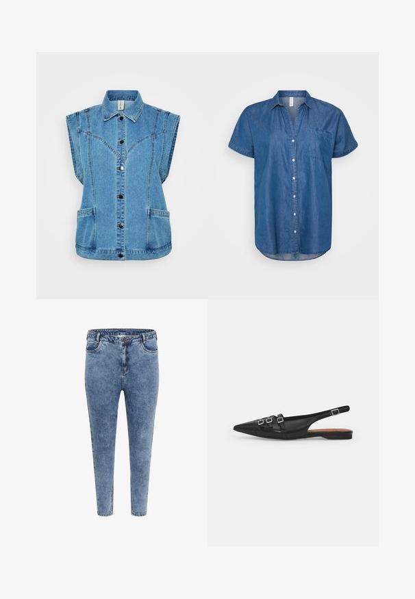 Denimjas in lichtblauw met een kraag, mouwloos ontwerp, knoopsluiting aan de voorkant, twee zijzakken en gestructureerde naden.; Denim overhemd met korte mouwen, lichte tot donkere blauwe gradient, knoopsluiting aan de voorkant, spitse kraag, borstzak, ronde onderrand, iets losse pasvorm.; Blauwe denim skinny jeans met een hoge taille, vijf zakken en een ritsluiting. De stof heeft een licht vervaagde textuur met contrasterende stiksels.; Zwarte leren slingback ballerina met spitse neus, voorzien van twee horizontale bandjes en vierkante zilveren gespen, lage hak en een gladde textuur.