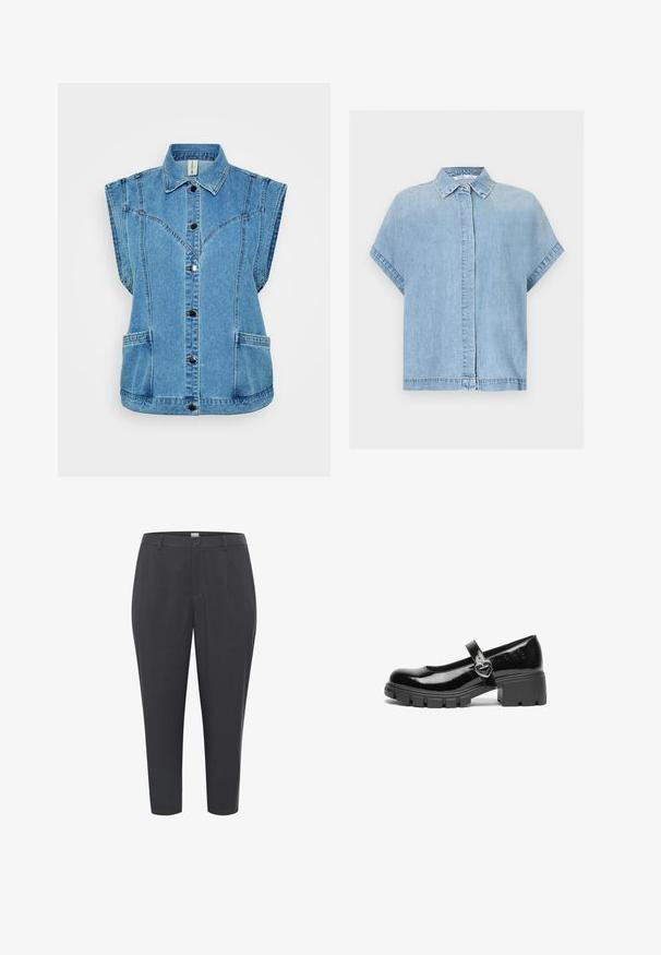 Gilet en denim bleu clair avec un col, design sans manches, fermeture à boutons sur le devant, deux poches latérales et coutures structurées.; Chemise en denim bleu clair à manches courtes avec patte de boutonnage dissimulée et col classique, présentée sur fond blanc.; Pantalons gris ajustés en tissu lisse. Comprend une fermeture à bouton, des passants de ceinture, et des jambes fuselées avec un ourlet retroussé.; Chaussure Mary Jane en cuir verni noir avec un talon épais, un bout rond et une sangle ornée d'une boucle en forme de cœur.