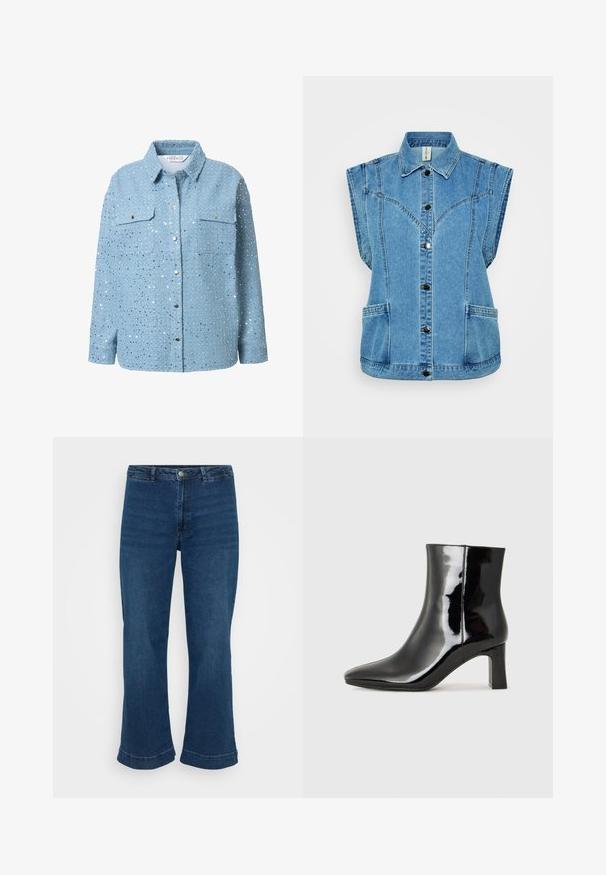 Lysblå denimvest med krave, ærmeløs design, knaplukning fortil, to sidelommer og strukturerede sømme.; Lysblå denimskjorte med sølvfarvede pailletter, lange ærmer, krave, to brystlommer og trykknaplukning. Glat tekstur og detaljeret udsmykning.; Højtaljede blå jeans med lige ben og bred kant, lavet af denim. Har et klassisk fem-lomme design og lukning med metalknap.; Sort lakeret ankelstøvle med spids tå og en midt-højde blokhæl. Glat tekstur og minimalistisk design.
