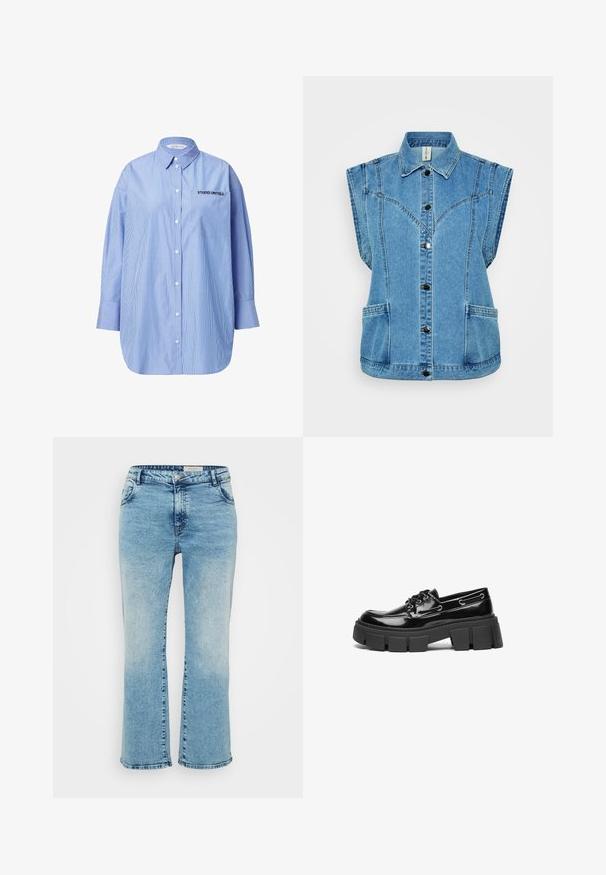 Lysblå denimvest med krave, ærmeløs design, knaplukning fortil, to sidelommer og strukturerede sømme.; Stribet blå skjorte med knapper og lomme, hvor der står "STUDIO UNTOLD", klassisk krave og lange ærmer.; Lyseblå denimjeans med lige snit, der har knaplukning, fem lommer og subtil falming ved knæene.; Sort laker i patenteret læder med en kraftig sort platformsål og dekorative øjer. Glat tekstur med rund tå og snøredetalje.