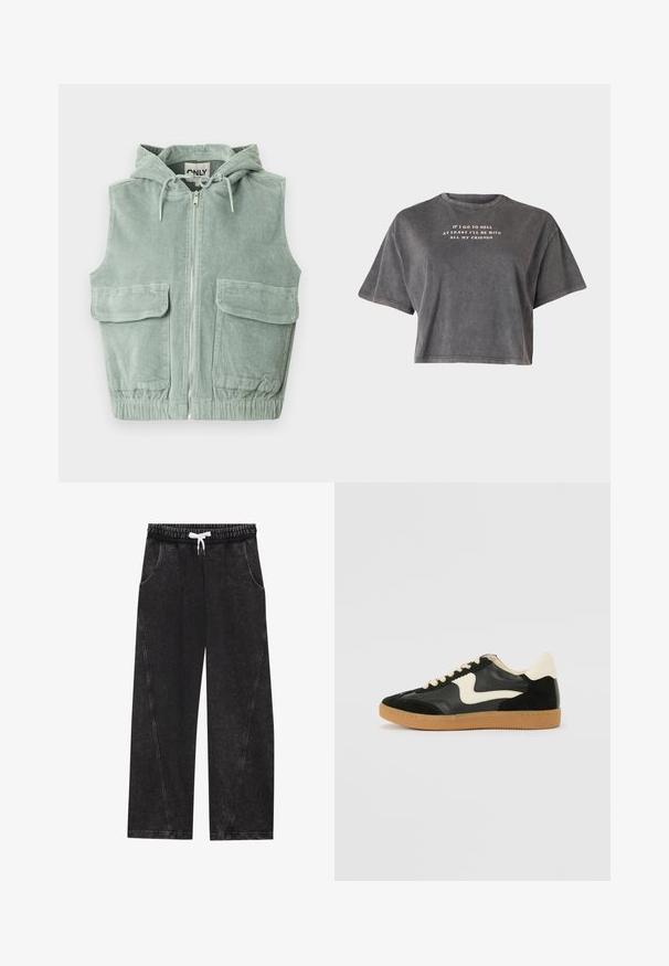 Veste sans manches à capuche en velours côtelé vert clair, dotée d'une fermeture éclair frontale, de deux grandes poches avant et d'un ourlet élastiqué.; Even&Odd T-shirt imprimé - black; Pantalons noirs à jambes larges en tissu texturé. Comprend une taille élastique avec un cordon blanc et des poches avant avec des coutures diagonales.; Baskets en daim et cuir noir avec un swoosh latéral crème et un talon crème clair. Dotées de lacets beige et d'une semelle en caoutchouc gomme.