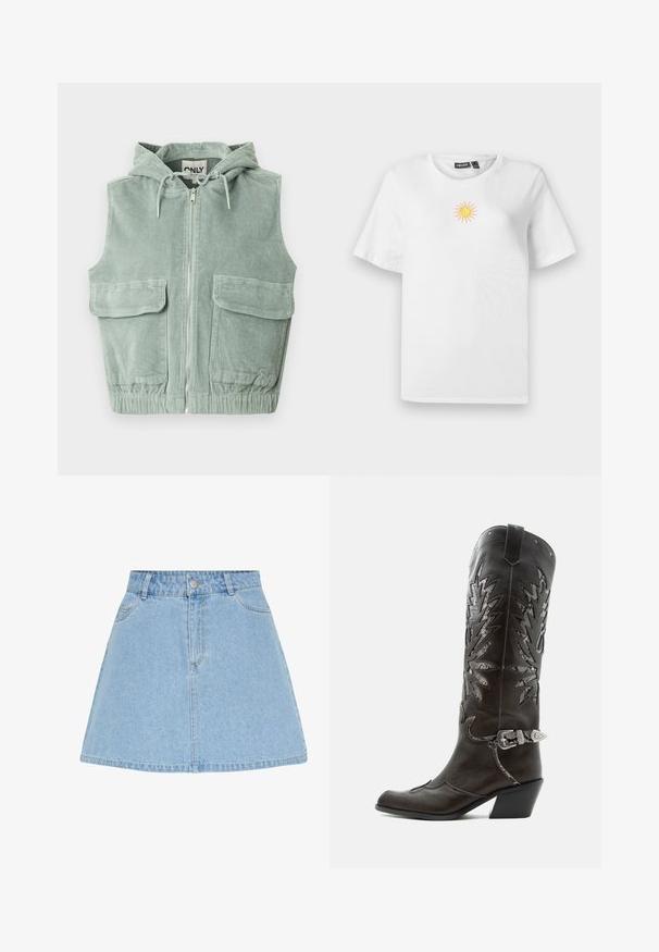Mouwloos vest met capuchon in lichtgroene ribfluweelstof, voorzien van een ritssluiting aan de voorkant, twee grote voorzakken en een elastische zoom.; Witte katoenen t-shirt met korte mouwen, voorzien van een klein, geborduurd geel en roze zonnetje op de borst.; Lichtblauwe denim A-lijn rok met vooraan knopen en rits, ceintuurlussen en twee voorzakken.; Zwarte leren cowboylaars met decoratieve uitsnijdingen, zilveren gesp en schuine hak, weergegeven op een witte achtergrond.