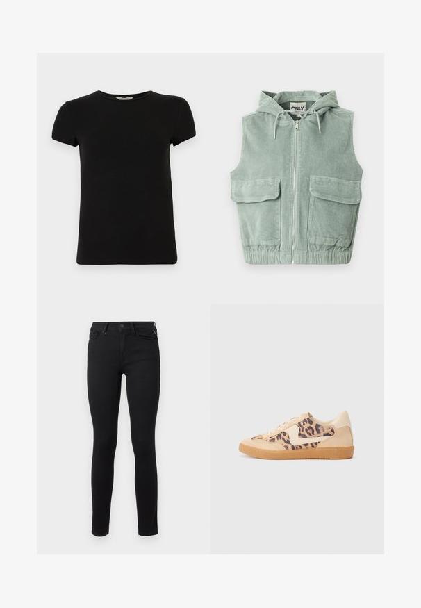 Chaleco sin mangas con capucha en pana verde claro, con cremallera frontal, dos grandes bolsillos delanteros y dobladillo elástico.; Camiseta negra de manga corta con cuello redondo, hecha de suave tela de algodón, que presenta un diseño simple y sin patrones ni acentos visibles.; Pantalones vaqueros skinny negros hechos de denim elástico. Presentan un diseño clásico de cinco bolsillos y un cierre metálico estándar en la cintura.; Zapatillas de leopardo con parte superior de ante beige, suela de goma marrón y acentos blancos. Punta redonda y diseño con cordones con un acabado texturado.