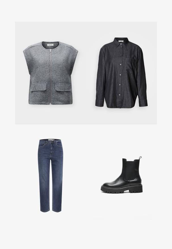 Grijze gestructureerde wollen mouwloze gilet met rits aan de voorkant en twee klepzakken met drukknopen, ronde halslijn, plat liggend op een witte achtergrond.; Donkergrijs shirt met lange mouwen, gemaakt van lichtgewicht stof, met een knoopsluiting, kraag en een enkel borstzakje.; Blauwe spijkerbroek met rechte pijpen, voorzakken, riemlussen en knoopsluiting, getoond tegen een witte achtergrond.; Zwarte leren Chelsea-boot met elastische zijpanelen, ronde neus, stevige rubberen zool en lus aan de hiel.