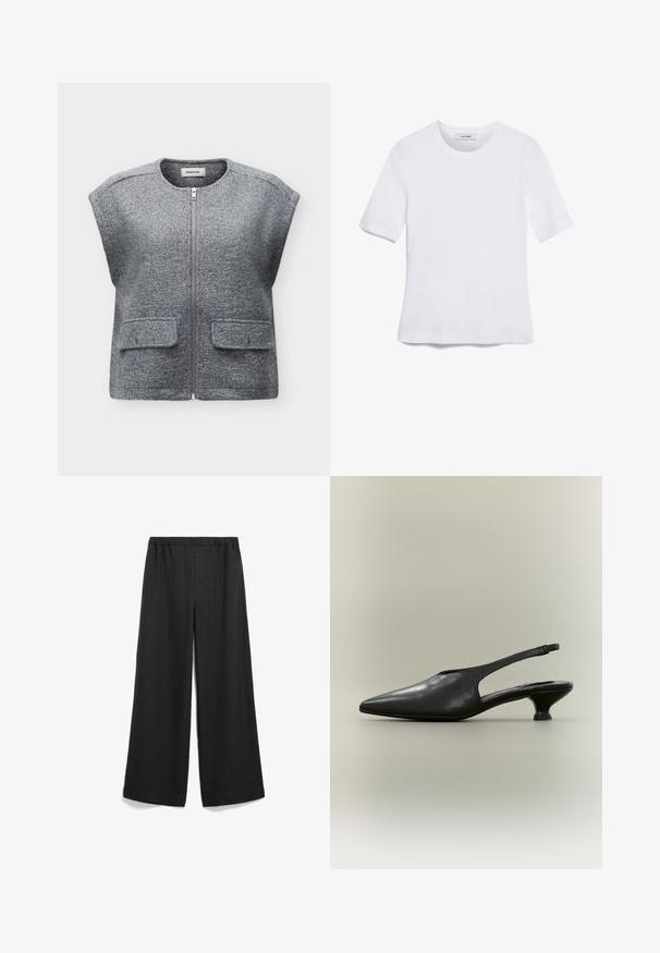 Grijze gestructureerde wollen mouwloze gilet met rits aan de voorkant en twee klepzakken met drukknopen, ronde halslijn, plat liggend op een witte achtergrond.; Witte korte mouwen t-shirt van ribstof. Ronde halslijn, normale pasvorm en subtiele stiksels. Geen patronen of grafische elementen.; Ruime zwarte broek met een elastische tailleband. Gemaakt van lichte stof, met een zachte textuur en zonder zichtbare patronen of accenten.; Zwarte leren slingback schoen met puntige neus en lage kittenhak op een neutrale achtergrond.