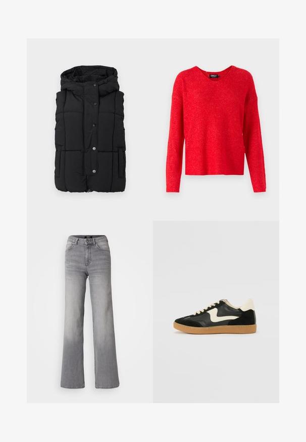 Čierna puff vest s kapucňou, s štvorcovým prešívaním, dvoma bočnými vreckami, čiernymi cvokmi a zipsom vpredu. Mäkko textúrovaná tkanina.; ONLY ONLCAMILLA V-NECK L/S PULLOVER KNT NOOS - Svetrík - true red; Džínsy z šedej denimu s vysokým pásom a rovnými nohavicami, s predným gombíkom a zipsom, prednými a zadnými vreckami, a vybledlým tieňovaním na stehnách a lýtkach.; Čierne semišové a kožené tenisky s krémovým bočným prešívaním a svetlo krémovou pätou. Obsahujú béžové šnúrky a podošvu z gumeného kaučuku.