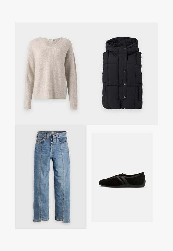 Gilet rembourré noir avec capuche, doté d'un matelassage carré, de deux poches latérales, de boutons pression noirs et d'une fermeture éclair à l'avant. Tissu doux au toucher.; Pull en maille beige avec un décolleté en V, des manches longues et une coupe décontractée. Présente un motif texturé en côtes. Étiquette de la marque visible à l'intérieur du col.; Jean en denim bleu clair avec une coupe droite, braguette à boutons, poches avant, surpiqûres visibles et panneaux latéraux contrastants.; Chaussure à enfiler en daim noir avec bout arrondi, fermeture à cordon élastique, deux bandes latérales en cuir et semelle en caoutchouc plate.