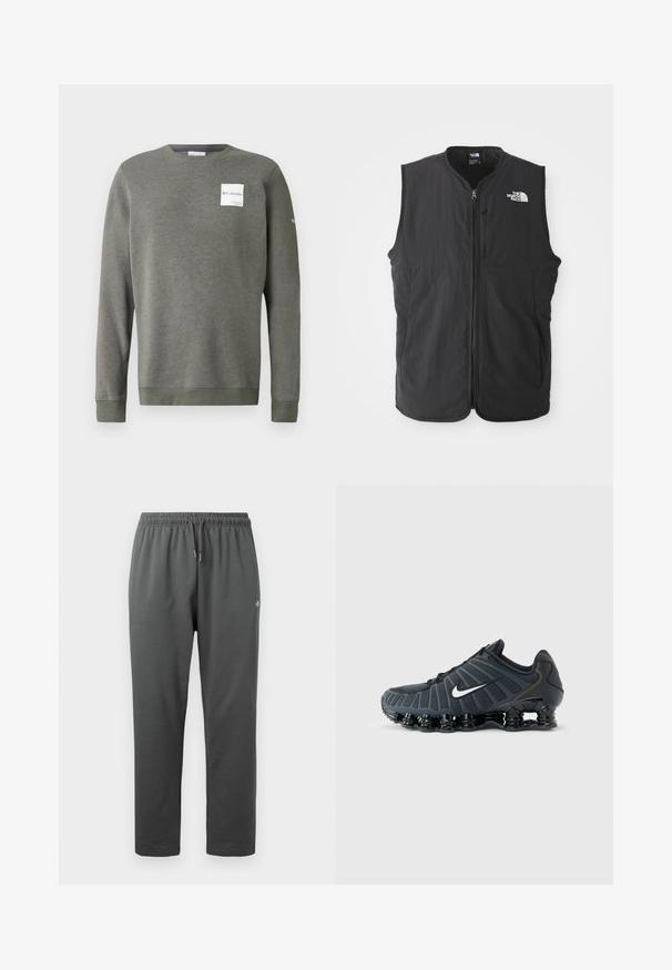 Must täiesti must ilma varrukateta vest, mis on valmistatud kerge kangaga, esipaneelil lukuga, kõrge kaelusega ja eristuva valge logoga ülemises vasakus nurgas.; Oliivroheline sviiter pehmest kangast, ümmarguse kaelusega, pikkade varrukatega ning esiküljel ruudukujuline valge logo paigaldus.; Tumedat halli fliisist dressipüksid elastse vöökohaga ja paelaga, millel on väikene logo paremal reiel.; Must Nike jooksujalanõu valge Swooshiga, polsterdatud segmentidega tallaga ja hingava ülapaneelidega hallil taustal.