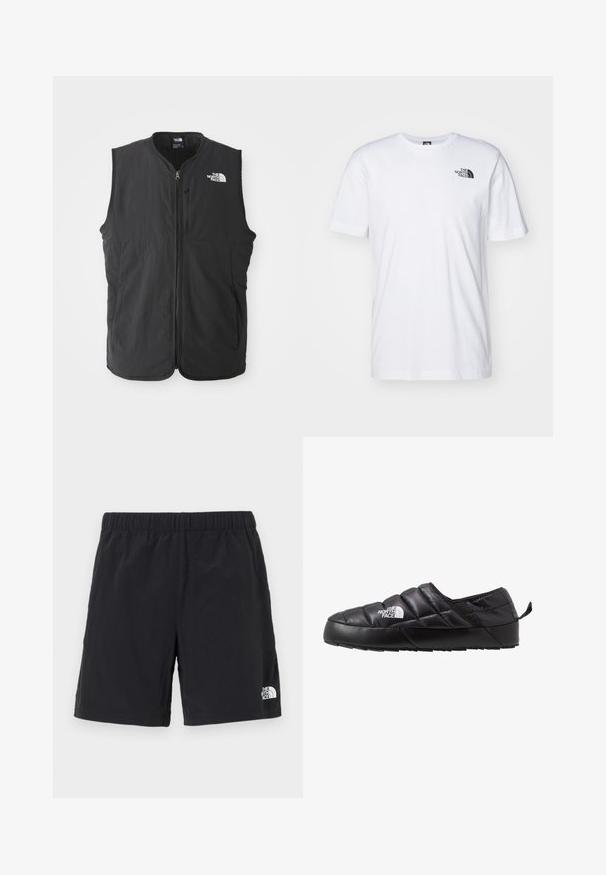 Chaleco negro sin mangas hecho de tela ligera, con cremallera frontal, cuello alto y un distintivo logotipo blanco en la parte superior izquierda.; Camiseta de algodón blanca con un logo negro de The North Face en el lado superior izquierdo del pecho. Diseño de manga corta y cuello redondo.; Pantalones cortos negros de tela ligera, con una cinturilla elástica y un pequeño logo blanco en la parte inferior derecha.; Zapato negro de tipo slip-on con un diseño acolchado, hecho de material acolchado. Presenta una suela de goma texturizada y una pequeña lengüeta en la parte trasera.
