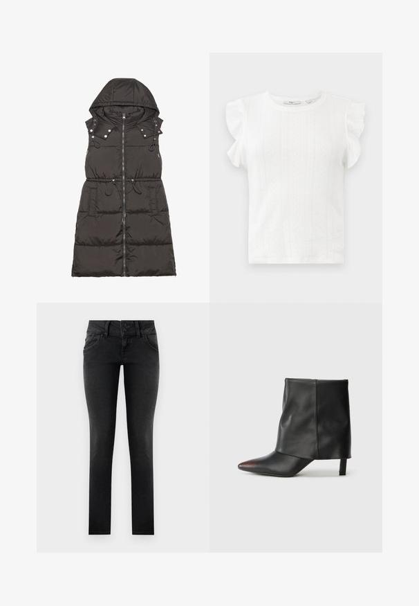 Gilet sans manches rembourré noir avec capuche, fermeture éclair sur le devant, boutons-pression, taille ajustable avec cordon de serrage et poches latérales. Texture lisse.; Haut blanc à manches courtes avec des épaules froncées, arborant un motif texturé de petits diamants et un col rond. Tissu doux.; Jean skinny en denim noir avec une taille à deux boutons, des poches avant et une finition lisse et texturée. Coupe standard, design pleine longueur.; Bottine noire en cuir lisse avec un bout pointu et un talon effilé. La tige présente un design légèrement froncé.