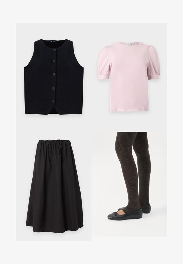 Gilet sans manches noir en tricot, avec un col rond et six boutons à l'avant. Pas de poches ni d'accents supplémentaires.; Blouse rose clair à manches courtes bouffantes et encolure ronde, présentée sur fond blanc.; Jupe midi ample noire avec taille élastique et cordon de serrage, fabriquée en tissu léger.; Jambes portant des leggings côtelés foncés associés à des ballerines noires avec de petits détails en nœud sur fond blanc.