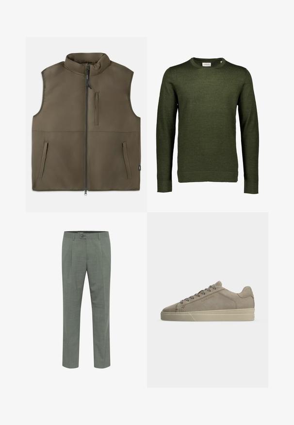 Mouwloos bruin gewatteerd vest met rits aan de voorkant, twee lagere zakken en één verticale borstzak, plat getoond op een witte achtergrond.; Lindbergh O-NECK - Trui - dk army; Aangepaste groene broek met een gestructureerde afwerking, voorzien van een enkele knoopsluiting en een geplooid voorkantontwerp. Rechte pijpen.; Beige suède lage sneaker met tonale veters, crème rubberen zool en "FILLING PIECES" geperst op het zijpaneel.