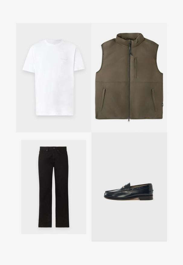 Chaleco marrón sin mangas, acolchado, con cremallera frontal, dos bolsillos inferiores y un bolsillo vertical en el pecho, exhibido plano sobre un fondo blanco.; Camiseta de algodón blanca con mangas cortas, cuello redondo, con un sutil estampado de logo gris en la zona del pecho izquierdo y una textura suave.; Vaqueros negros de corte recto con cierre de botón y cremallera, bolsillos delanteros y traseros, mostrados planos sobre un fondo blanco.; Mocasines de cuero azul marino con puntera tipo mocasín, costuras decorativas, tacón pequeño y detalle a rayas contrastantes en el empeine. Textura suave.