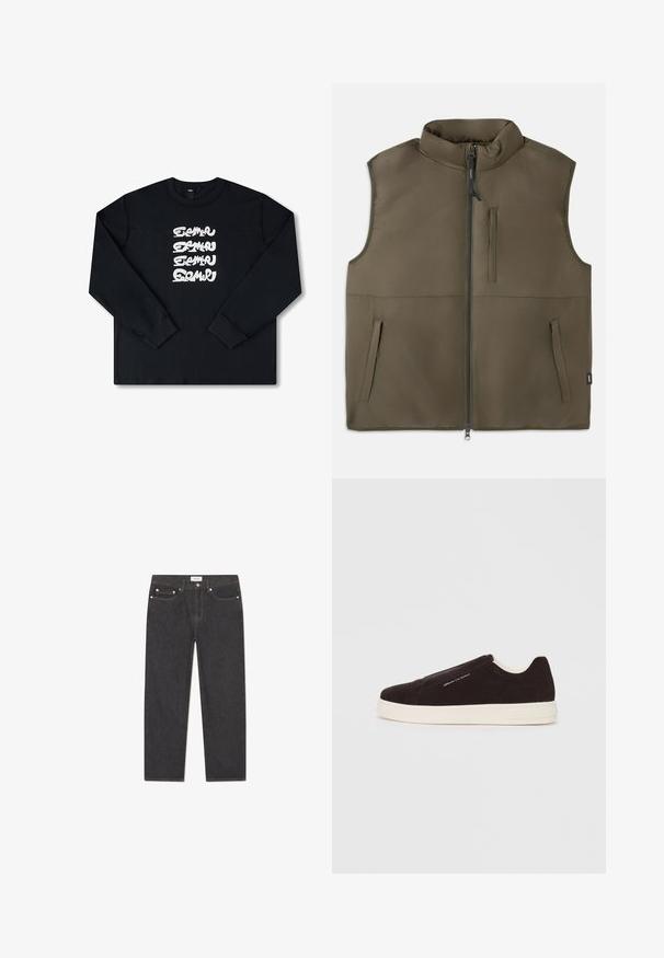 Ærmeløs brun polstret vest med frontlynlås, to nederste lommer og en lodret brystlomme, vist fladt på en hvid baggrund.; Sort sweatshirt med lange ærmer, der har et hvidt gentaget grafisk logo i stiliseret skrifttype på forsiden. Fremstillet af blødt stof.; Mørke denim jeans med lige ben, fem-lomme stil, metal hardware og en subtil tekstur; minimal branding på taljehøjden.; Sorte suede slip-on sneakers med hvid gummisål, der har en glat overflade og subtil branding på siden. Klassisk design og struktur.