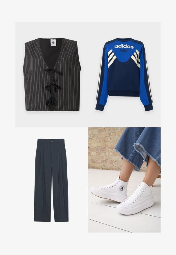 Zwart mouwloos vest met verticale witte krijtstrepen en drie zwarte striksluitingen aan de voorkant, merklabel aan de binnenkant van de halslijn.; Donkerblauwe en blauwe Adidas sweater met witte strepen op de mouwen en borst, met Adidas-logo en klaverbladontwerp aan de voorkant.; Wijduitlopende broeken van gestructureerde donkergrijze stof, met voren geplooide details, een knoopsluiting en praktische zijzakken.; Persoon draagt witte hoge Converse-sneakers met dikke zolen en korte jeans met rafelige zoom tegen een bakstenen muur en witte vloer.